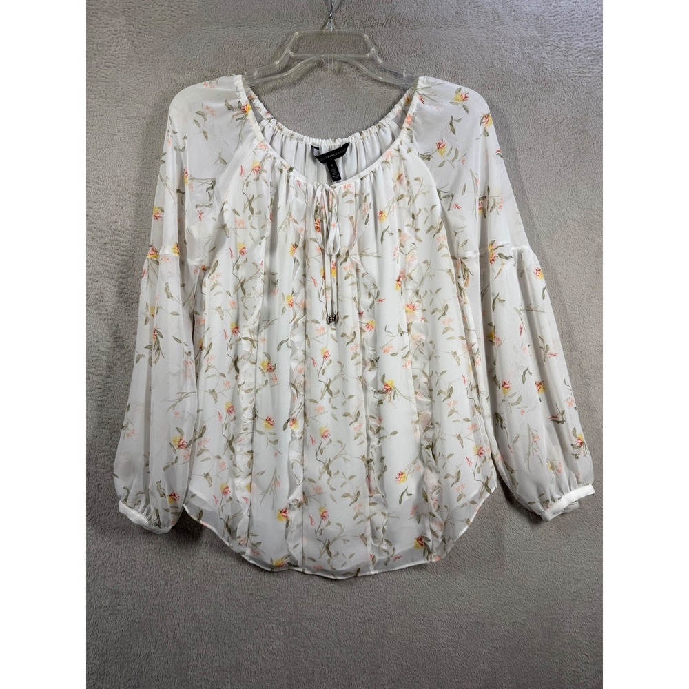 White House Black Market Blouse Womens 0 White Floral Chiffon Peasant Top